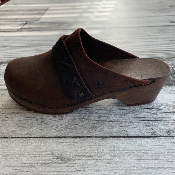 Danish Clogs Chocolate Brown Leather Wood Platform Slip On Mule Size 7 - Picture 4 of 15